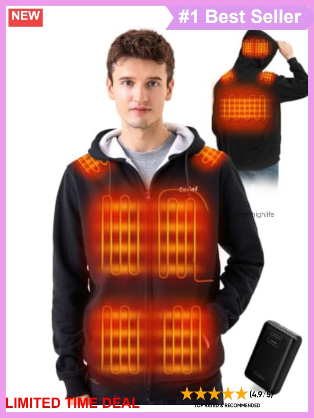 Heated Hoodie 9-Zone Battery Fleece Lined Cotton Blend Sweatshirt